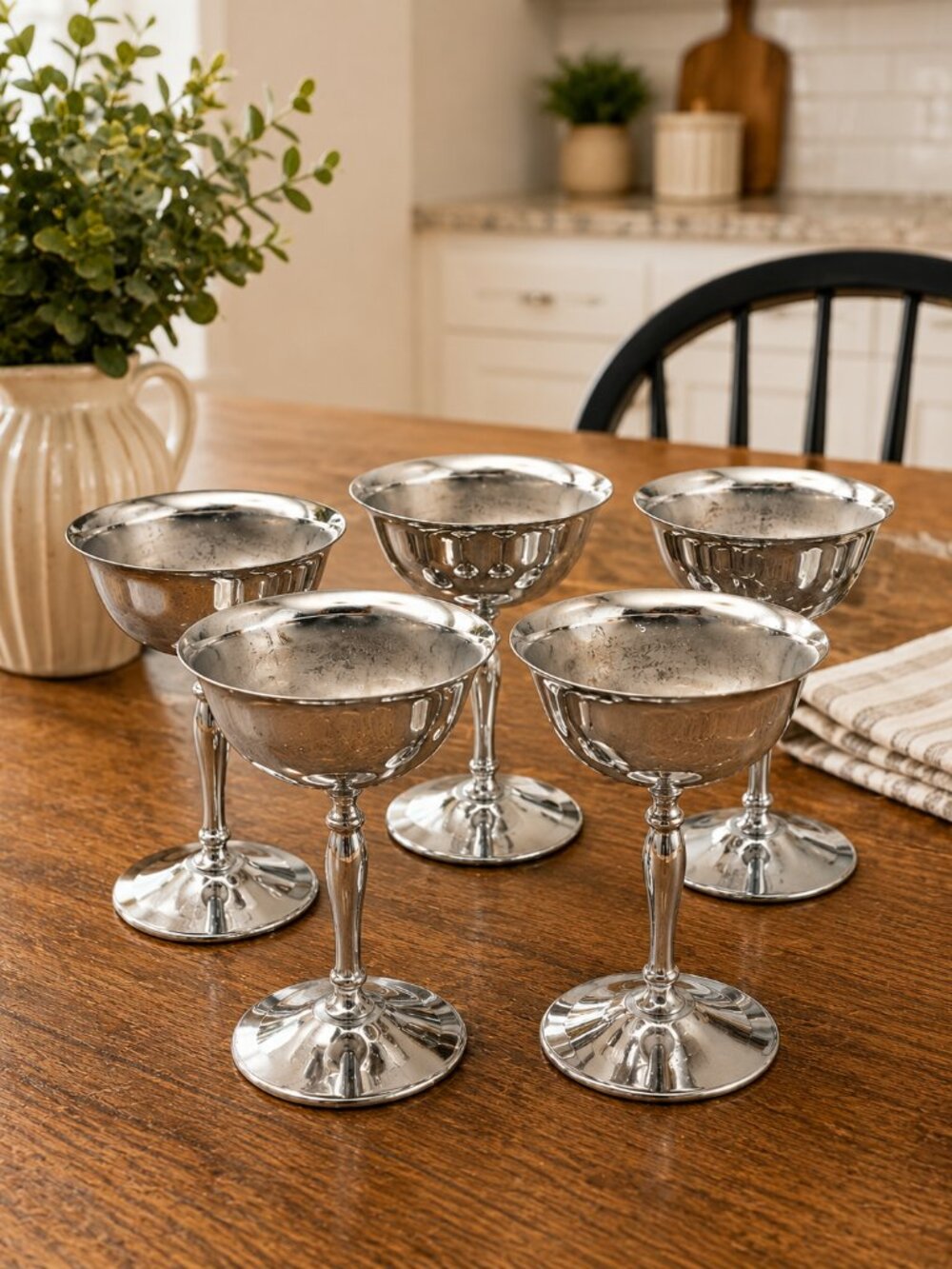 Vintage Silverplate Champagne Coupe Goblets Set of 5 Stemmed Cocktail Glasses